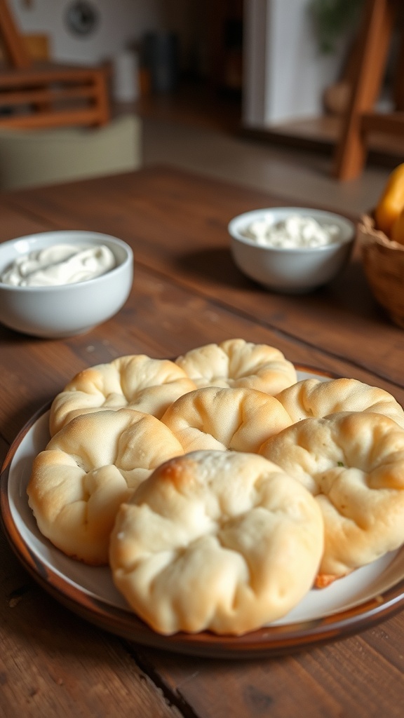 No-Oven Cloud Bread Recipe Fluffy cloud bread rounds on a plate with cream cheese spread, set on a rustic wooden table.
